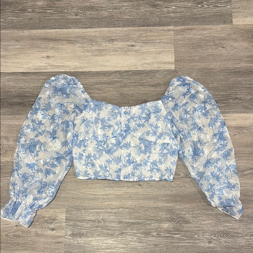Blue and White Puff Sleeve Crop Blouse